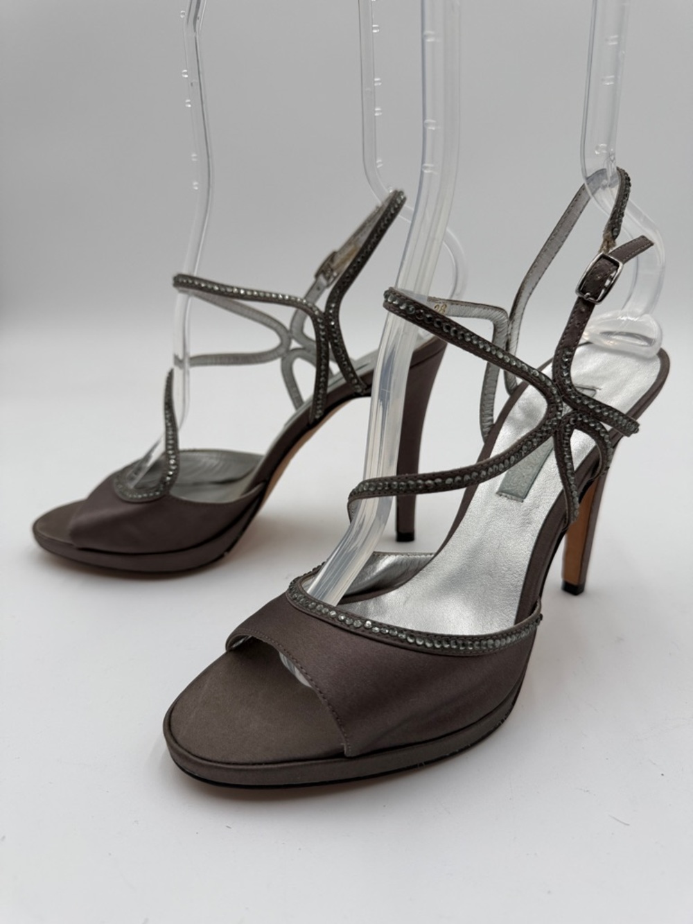 LULY YANG sz38 Satin Rhinestone Strappy High Heel Sandals